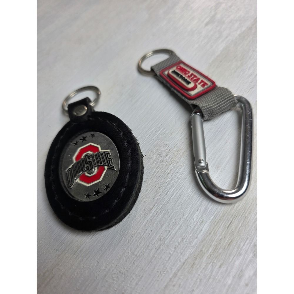 Ohio State Buckeyes Keychain Set Leather Fob and Carabiner Clip Grey Black Red